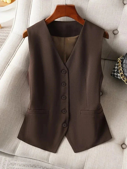 Vintage Inspired Women's Waistcoat Retro Brown V-Neck Slim Fit Suit Vest for a Classic Look，Office & Business Casual