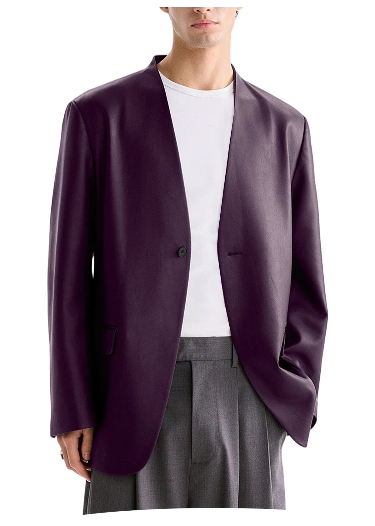 Men's PU Leather Collarless Blazer Single Button Loose Fit Jacket for Wedding Party Office