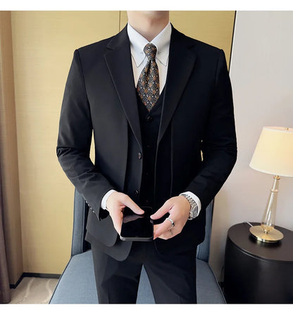 British Style Fake Two-piece Suit Set Men's Wedding Groom Dress 3 Piece Set Suit Vest Trousers Slim Office Business Casual Suits
