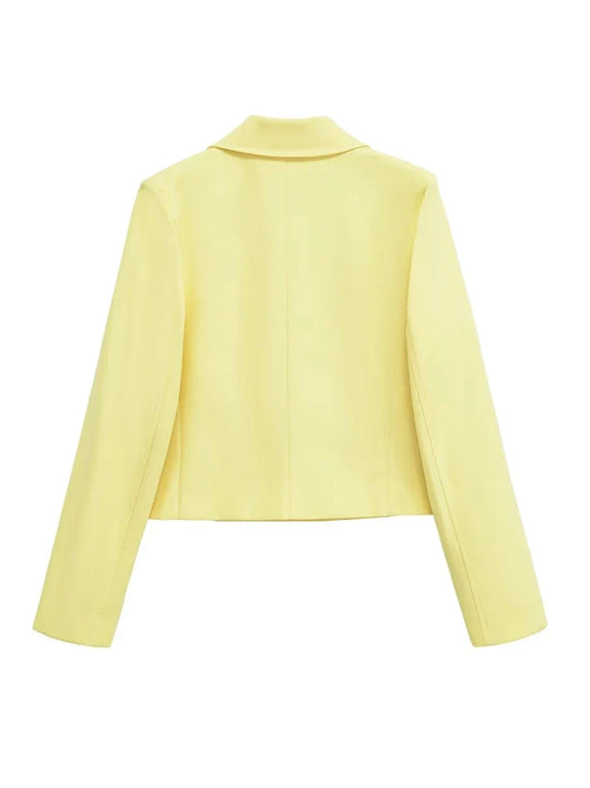Women's Double Breasted Butter Yellow Cropped Blazer Coat Long Sleeve Chic Top Lapel Collar Fashion Outerwear