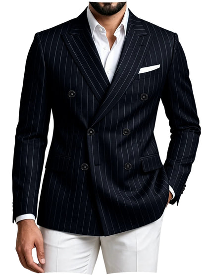 Men Striped Double Breasted Suit Jacket Notch Lapel Business Slim Fit Formal Blazer Elegant Lightweight Dress Coat For Prom Work