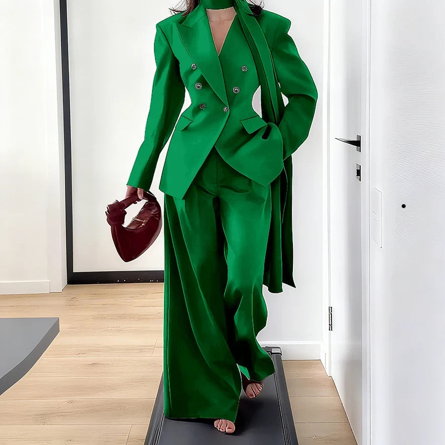 Elegant Women Double Breasted Suit Set Double Breasted Peaked Lapel Blazer+Pants Daily Slim Fit Office Evening Party Outerwears