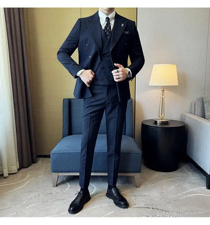 Korean Slim Fitt Wedding Suit Fashion Striped Double Breasted Suit 3 Piece Set Business Formal Casual Party Prom Host Suits