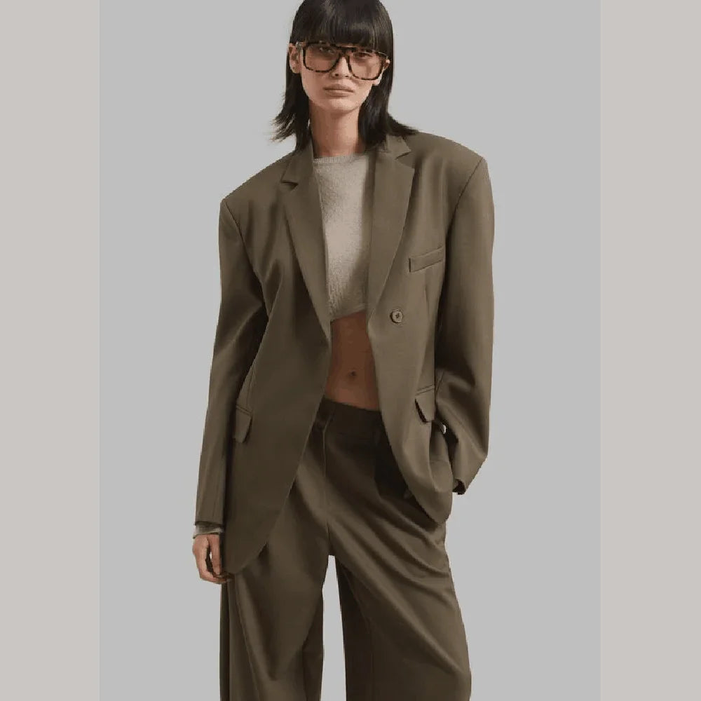 Fashion Brown Single Button Women Pants Set High-end Female Two Pieces(Jacket+Trousers)أطقم بناطيل