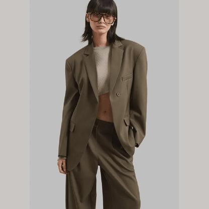 Fashion Brown Single Button Women Pants Set High-end Female Two Pieces(Jacket+Trousers)أطقم بناطيل