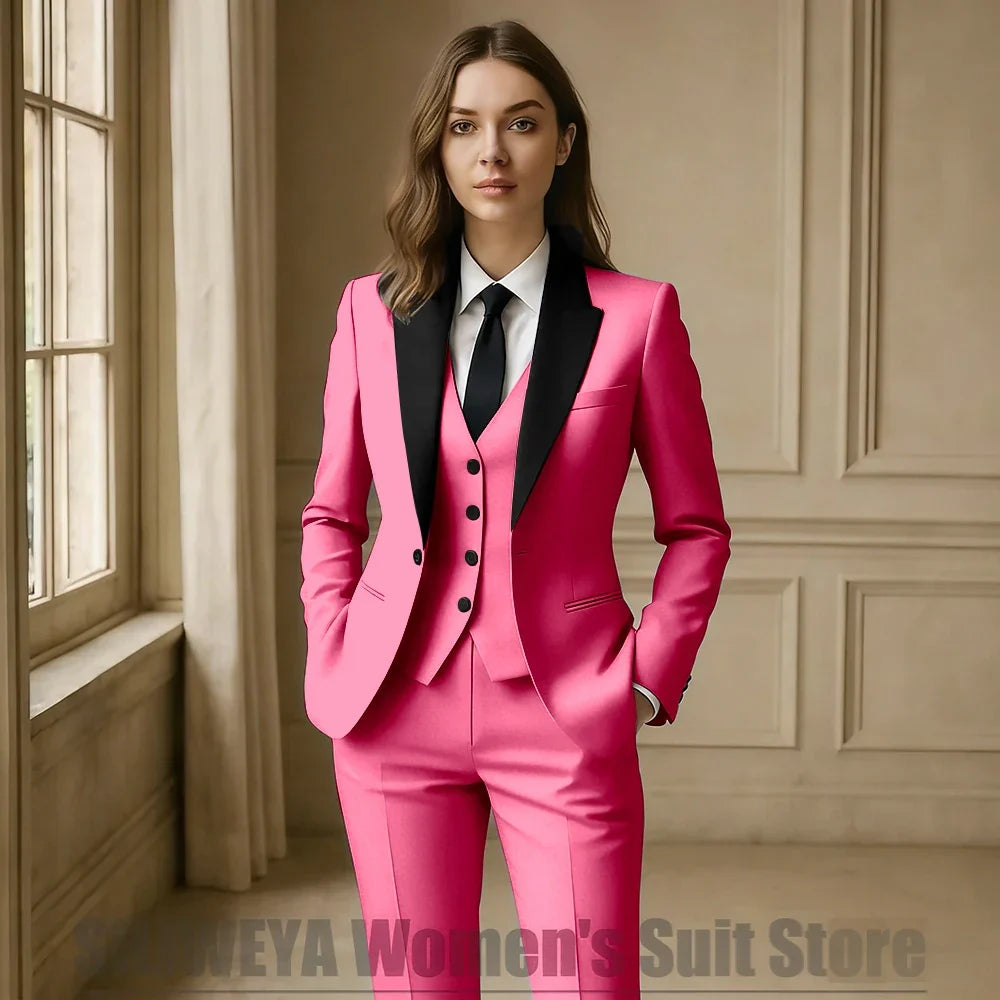 Women Royal Blue 3 Piece Tuxedo Suit Blazer Vest Pants with Black Lapel Slim Fit Formal Party Business Office Outfit
