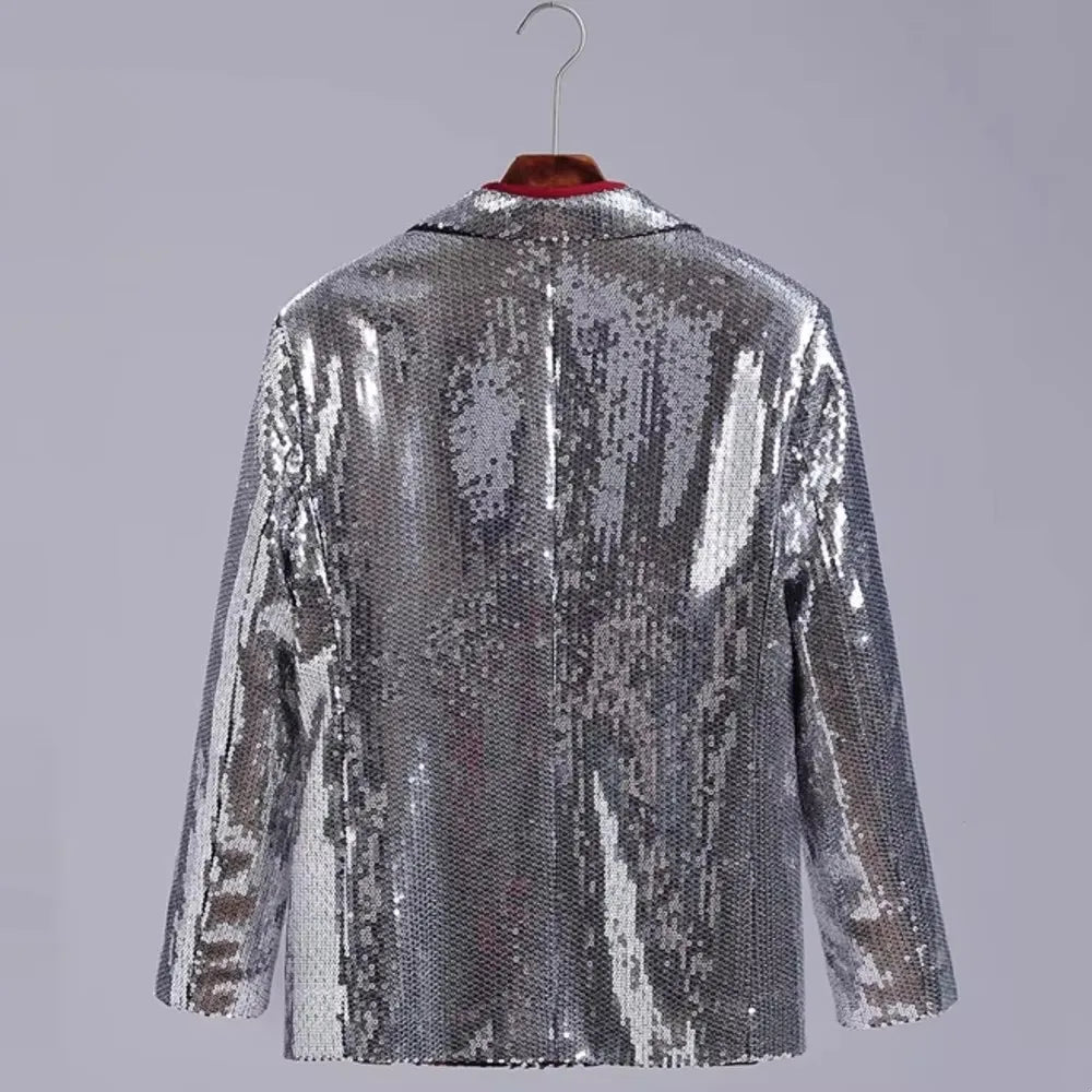 Men's Casual Blazers Suit Jackets Singer Silver Sequins Party Glitter Club Bar Concert Shiny Coat Stage Performance Costume