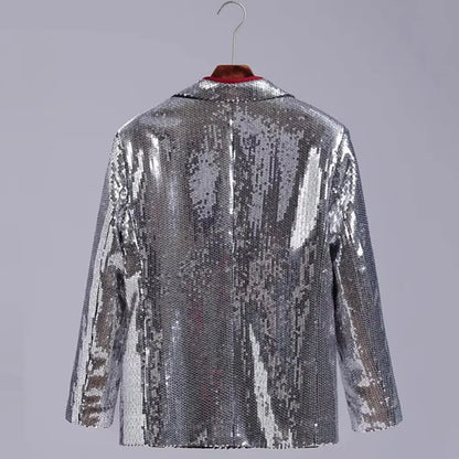 Men's Casual Blazers Suit Jackets Singer Silver Sequins Party Glitter Club Bar Concert Shiny Coat Stage Performance Costume