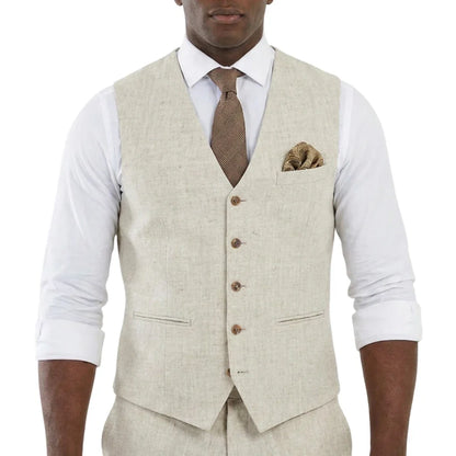 Men's Linen Vest Waistcoat for Wedding & Party – Beige V-Neck Smart Casual