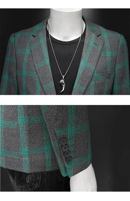 2025 Slim Fit Men's Casual Suit Handsome Fashion Plaid Blazer Polyester Business Wedding High-Quality Male Attire