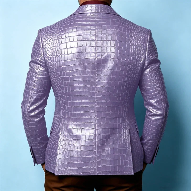 Luxury Men's Crocodile Pattern PU Leather Blazer Notch Lapel Single-Breasted 2 Button Slim Fit Jacket Business Casual for Man