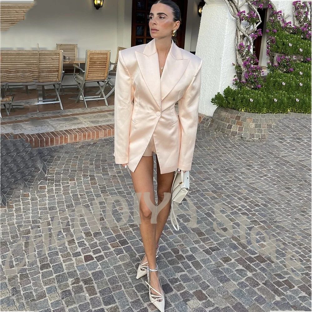 Luxury Satin Glossy Women Suit Jacket Short Pants Slim Fit Single Button Peaked Lapel Stylish Female Outfit Party Event Wear