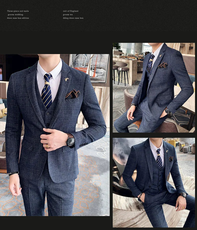 Men's 3-Piece Formal Suit Slim Fit Blazer Vest Pants for Wedding Business Smart Casual