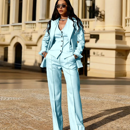 Light Blue 3 Piece Suit Set New Women's Jackets Single Breasted Peaked Lapel Blazer+Vest+Pants Formal Office Commute Outfit