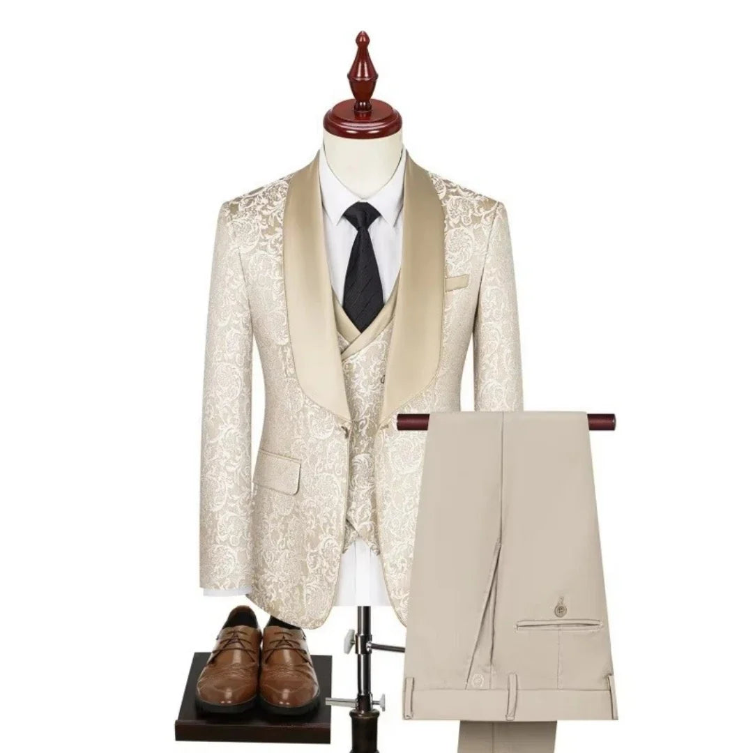Costume de smoking 3 pièces Jacquard mode pour homme avec revers châle, ensemble de blazer gilet et pantalon coupe ajustée pour mariage, bal de promo ou soirée