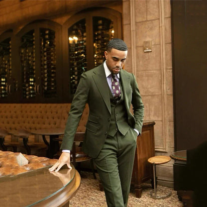 Men's 3-Piece Slim Fit Olive Green Suit for Wedding & Business