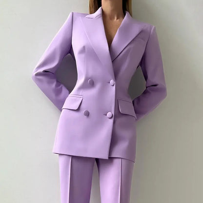 Women Suits Sets 2 Piece Elegant Peak Lapel Double Breasted Outfits Fashion Daily Casual Chic Female Suit (Jacket+Pants)