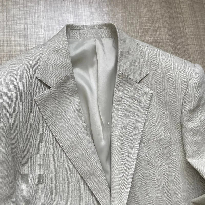 Men Thin Slim Fit Top Quality Beige White Linen Suits Matching Sets Spring Summer Comfortable Two Piece Set Casual Outfits 2025