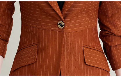 Caramel Green Striped Ladies Pant Suit 2025 Autumn Women Business Work Wear Single Button Jacket and Trouser Blazer 2 Piece Set