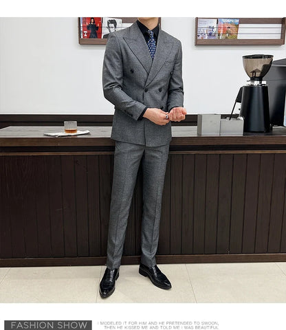 Men Vintage Luxury Double Breasted Slim Fit Lapel Evening Gown ltalian Style Fashion High-end Groom Wedding Party Tuxedo 2 Piece