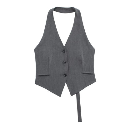 Halter Formal Vests Woman Off Shoulder Women's Suit Vest Backless Black White Short Vest Casual Cropped Sleeveless Vest