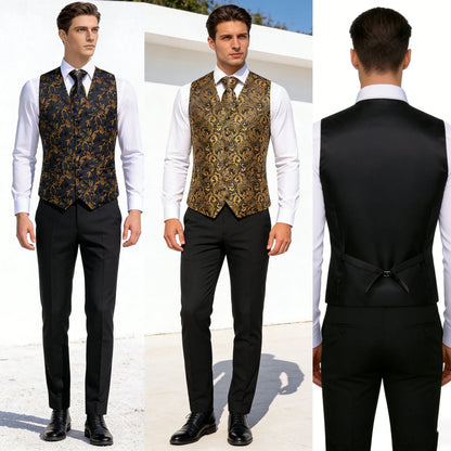 Men's Jacquard Floral Suit Vest Set with Tie Hanky Cufflinks for Wedding & Business