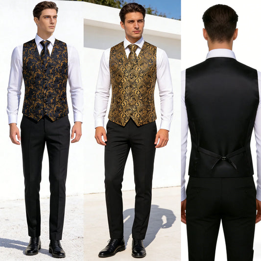 Men's Jacquard Floral Suit Vest Set with Tie Hanky Cufflinks for Wedding & Business