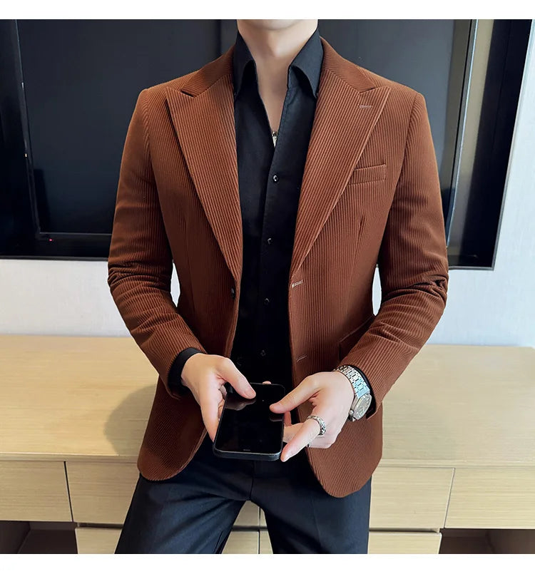 Corduroy Stripe Suit Jacket For Men Autumn Winter Business Slim Fit Tailcoat Formal Wedding Party Fashion Casual Suit Coat 4XL-M