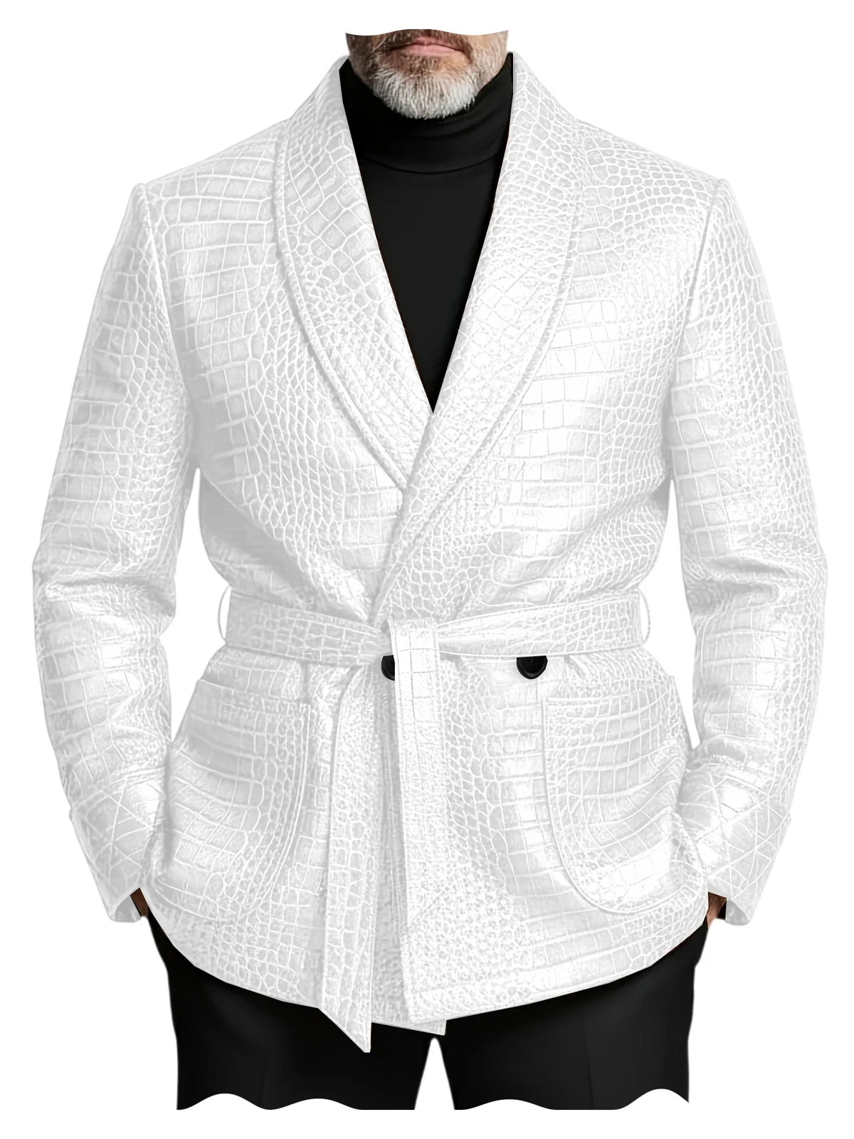  Men's Crocodile Pattern Leather Blazer Double Breasted Belted Shawl Collar Jacket Business Formal Party Wedding Casual Wear