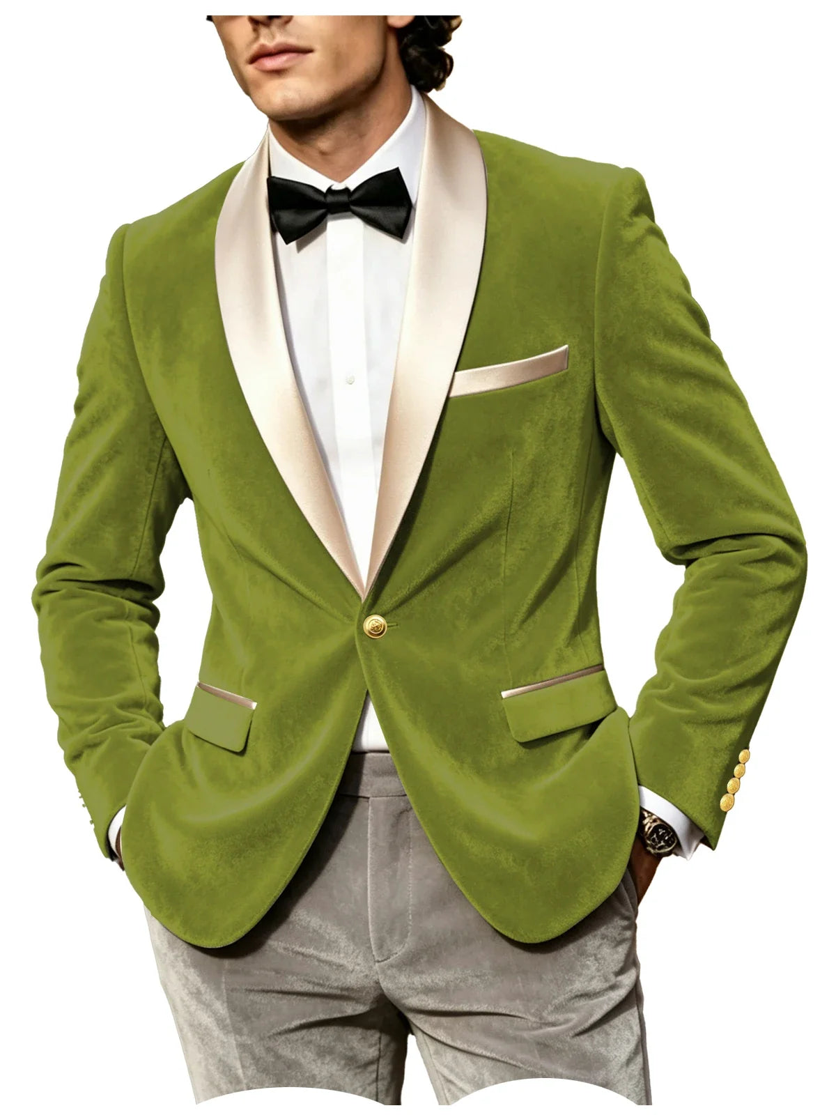 Men Velvet Tuxedo Jacket Champagne Satin Shawl Lapel Slim Fit Blazer Wedding Groom Party Prom Formal Western Dinner Suit Coat