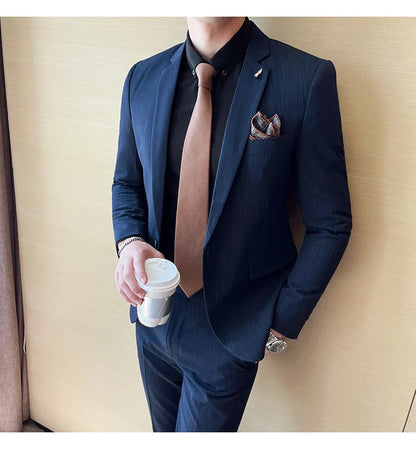 7XL 6XL(Jacket+Pant）Fashion Striped Men Slim Fit Suit Groom Wedding Tuxedo Formal Business Party Slim Fit Social Stage Costume