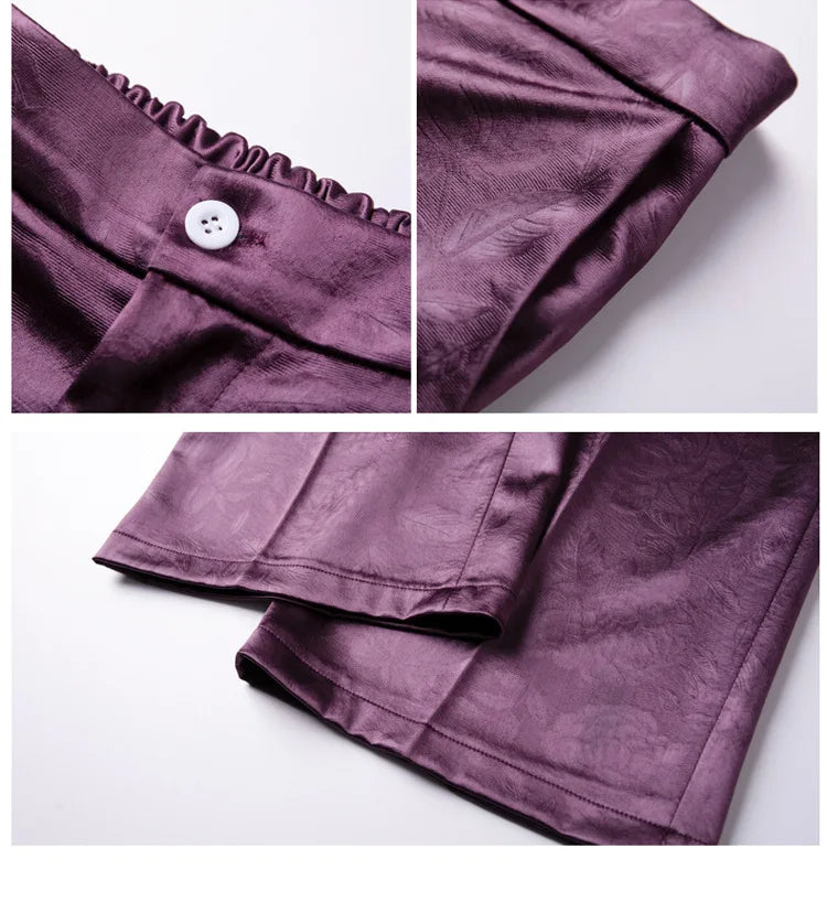 Designer Splicing Women Senior Luxurious Blazer Suit Pants Set Soft Satin Silk Office Lady Solid Coat Big Size Elegant Jacket