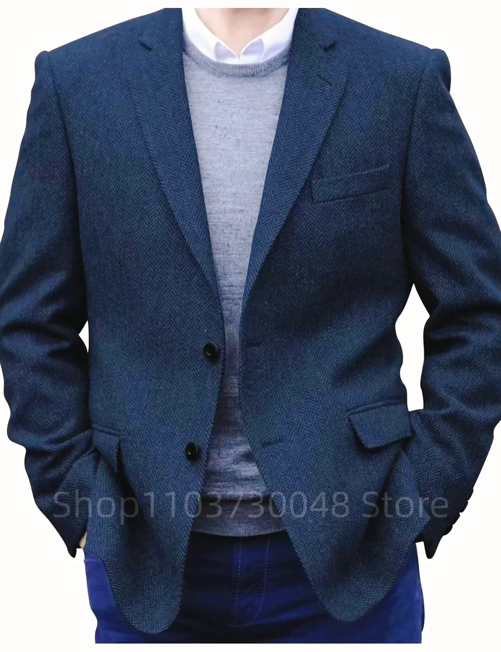 Men's Brown Herringbone Tweed Blazer Single Breasted Notch Lapel Jacket Prom Tuxedo Woolen Suit Coat for Office Business Wedding