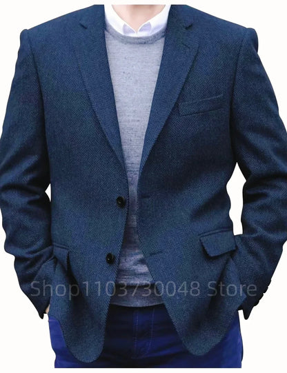Men's Brown Herringbone Tweed Blazer Single Breasted Notch Lapel Jacket Prom Tuxedo Woolen Suit Coat for Office Business Wedding