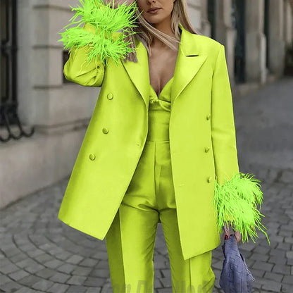 Classic Satin Women's Suit Set 2 Piece Exquisite Feather Double Breasted Jacket With Pants Evening Party Luxury Trouser Suits
