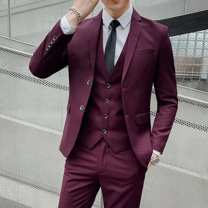 High-quality men's wedding British-style fashionable, cool, versatile, trendy business casual solid color suit three-piece set