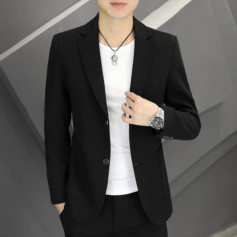 Men's Casual Blazer Two-Button Waffle Pattern for Spring Autumn