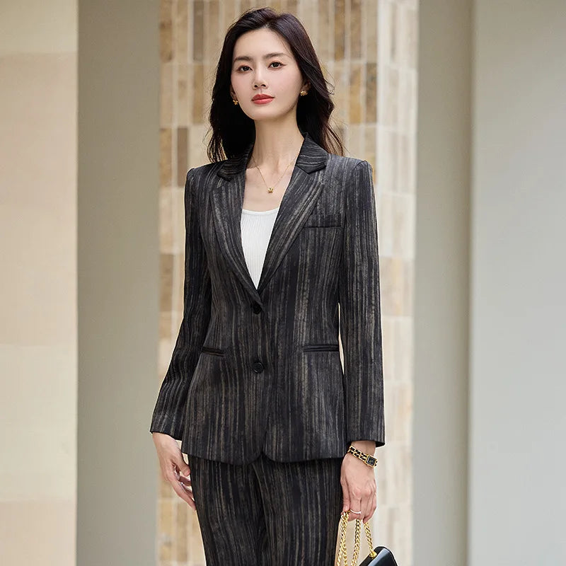 Fashion Women Striped Pants Suit New Spring Business Formal Slim Long Sleeve Thin Blazer and Trousers Office Ladies Work Wear