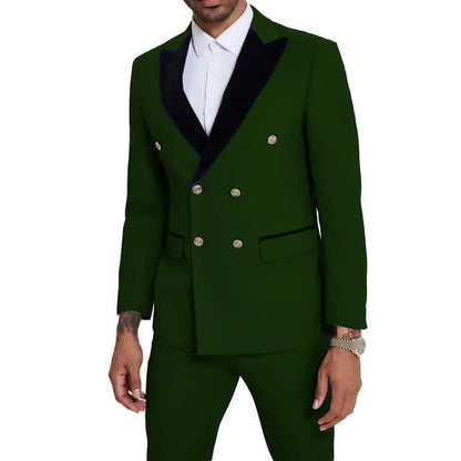 Men Suit 2 Pieces Royal Blue With Black Lapel Double Button For Wedding Business Banquet Party Office Daily Work Jacket And Pant