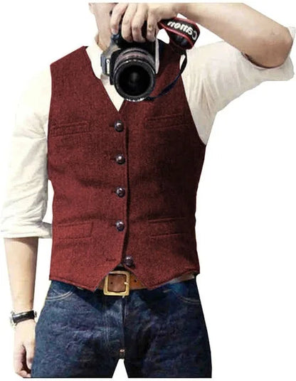 Men's Waistcoat Herringbone Wool Blend V-Neck Single Breasted Vest for Weddings and Smart Casual