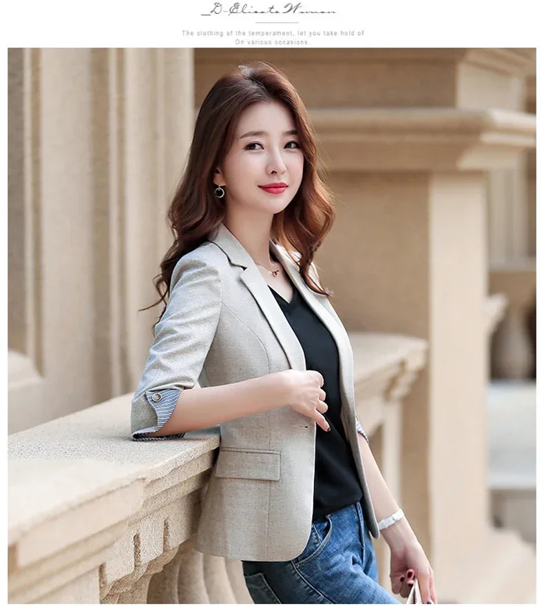 New Autumn Office Lady Solid Color Three Quarter Sleeve Blazer Women Casual One Button Formal Slim Fit Dress Suit Jacket Women