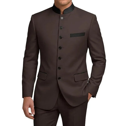 Men's 2-Piece Serge Suit Mandarin Collar Slim Fit Formal Set for Weddings and Business