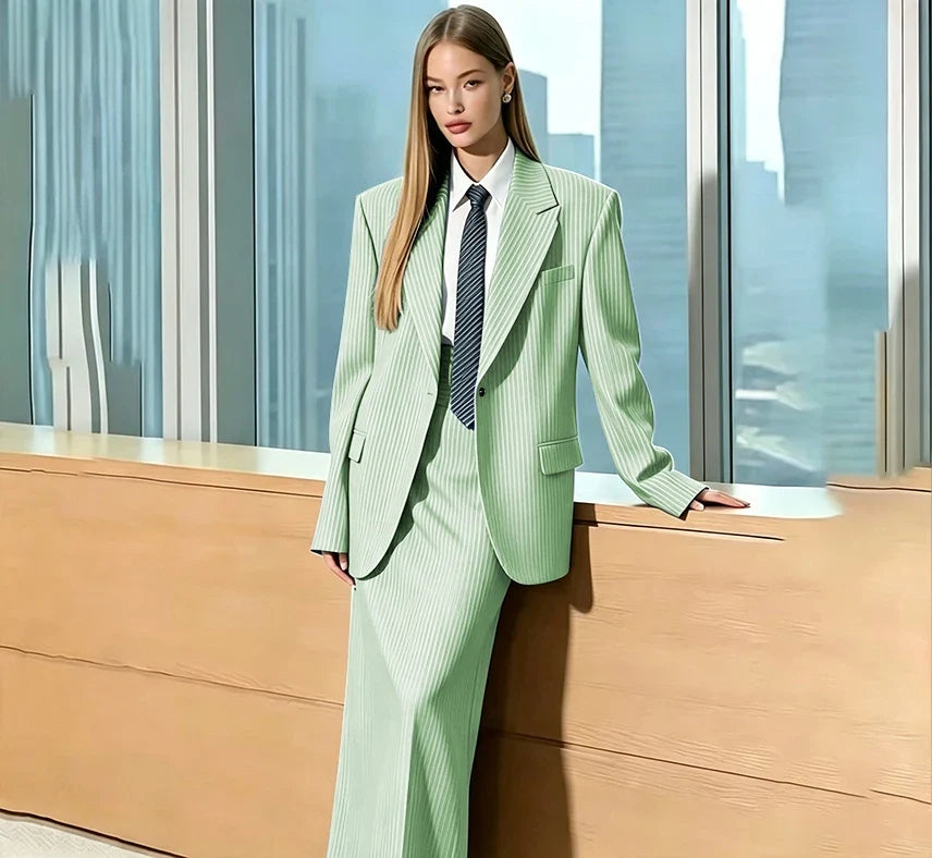 Stylish Gray Pinstripe Woman Clothing Single Breasted 2 Pieces Jacket Maxi Skirt Suit Set Formal Business Office Lady Wear