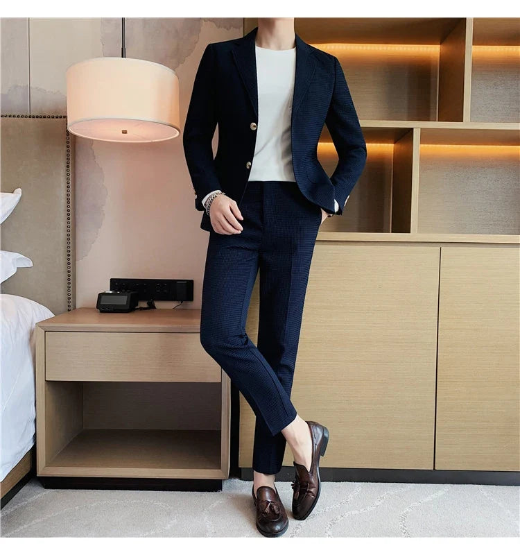 2025 New Waffle Blazers +Pant 2 Piece Set Men Fashion Business Slim Fit Solid Tuxedo Groom Wedding Prom Wear Casual Men's Sets