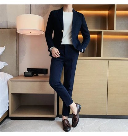 2025 New Waffle Blazers +Pant 2 Piece Set Men Fashion Business Slim Fit Solid Tuxedo Groom Wedding Prom Wear Casual Men's Sets