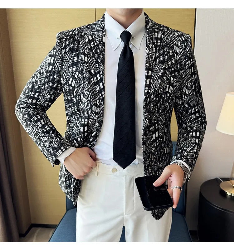 Korean Slim Fit Casual Suit Jacket for Men Fashion Camouflage Business Social Blazers Wedding Streetwear Dress Coat Men Clothing