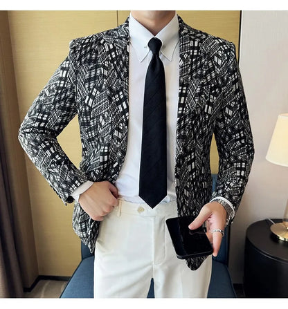 Korean Slim Fit Casual Suit Jacket for Men Fashion Camouflage Business Social Blazers Wedding Streetwear Dress Coat Men Clothing