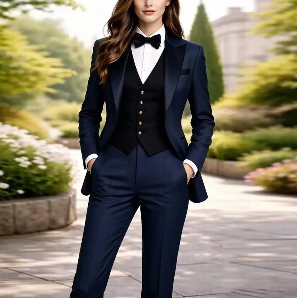 Dark Blue And Black Formal Business Women Suit Wedding Party Prom Ladies Mother Tuxedos Costume 3 Piece Set Blazer Vest Pant