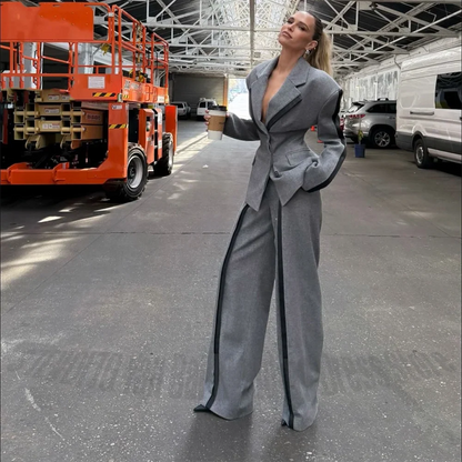 Gray Two Piece Pant Sets Contrast Trim Oversized Elegant Notched Lapel Blazer Wide Leg Pants Office Formal Suit for Women