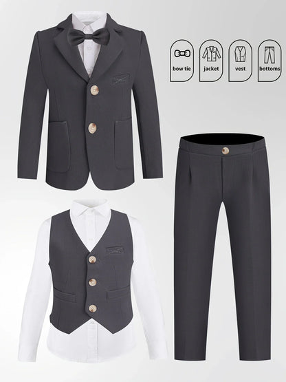 Boys Pink Spring 4Pieces/Set Blazer Vest Pants Bowtie Wedding Dress Kids Formal Photography Suit Children Performance Costume